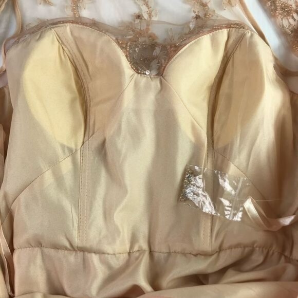 Franssical peach beaded gown with sheer panels & crew neck ruched dress 2 - Picture 8 of 11